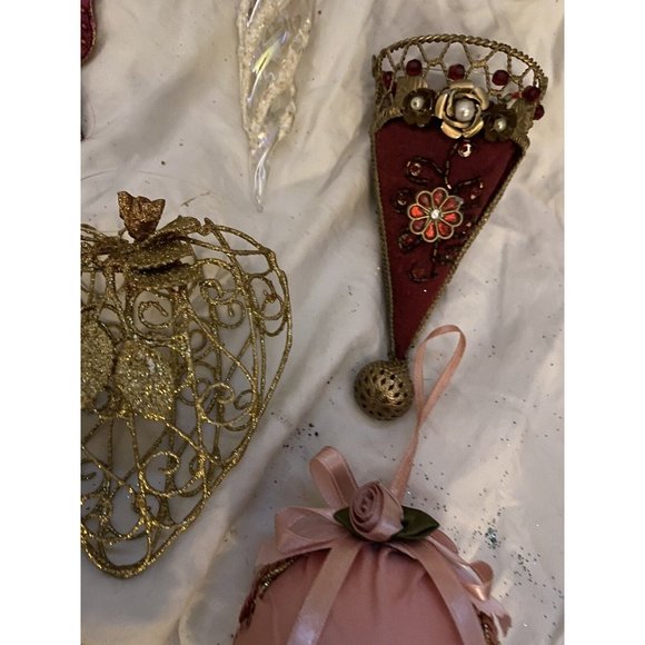 Victorian vintage ornaments heart lace gold pink Glass Flower Cherubs papermache - Picture 6 of 16